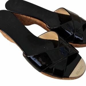 Jimmy Choo Black Patent Leather Cork Wedge Mules